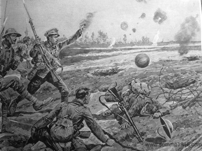 Illustrating the kicking of Billie Neville's footballs on 1st July 1916.
